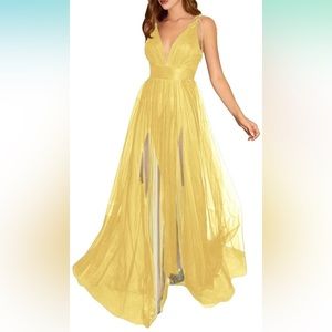 Yellow Tulle Gown Deep V-Neck Sexy Split (8)